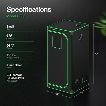 VIVOSUN S336 3x3 Grow Tent, 36"x36"x72" High Reflective Mylar with Observation Window and Floor