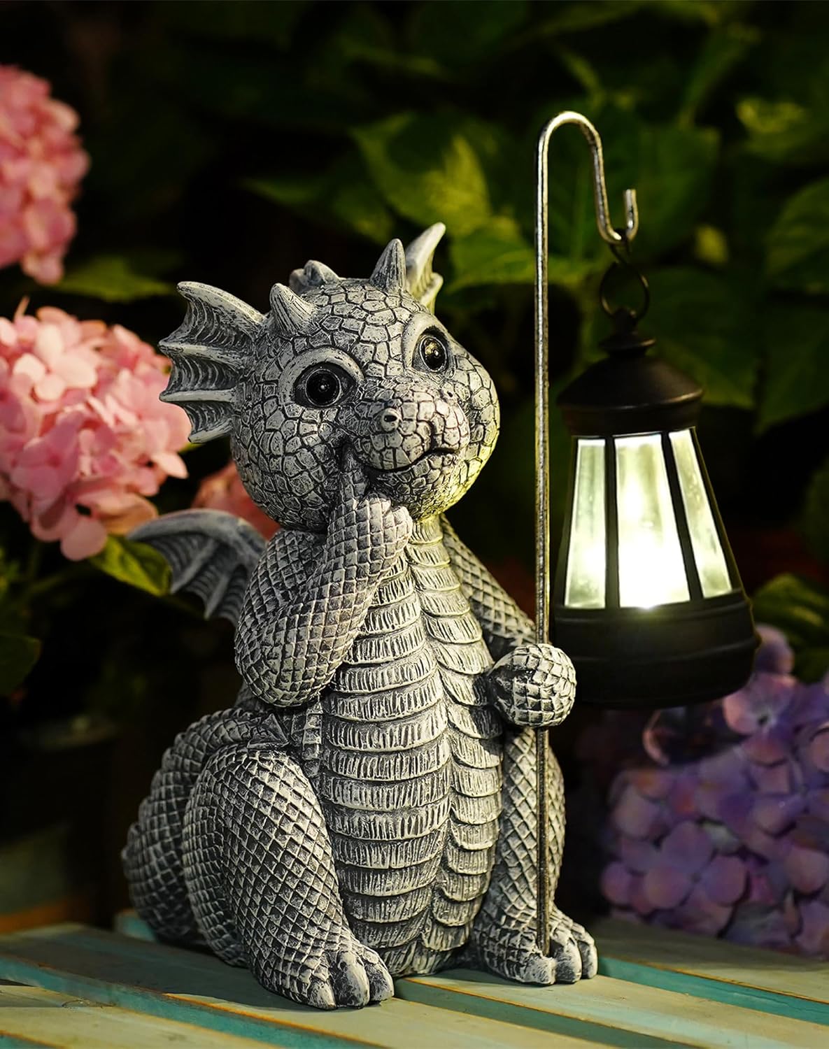 Goodeco Dragon Statue with Solar Lantern - Garden Decor for Lawn, Patio, and Yard - 8.3 inches