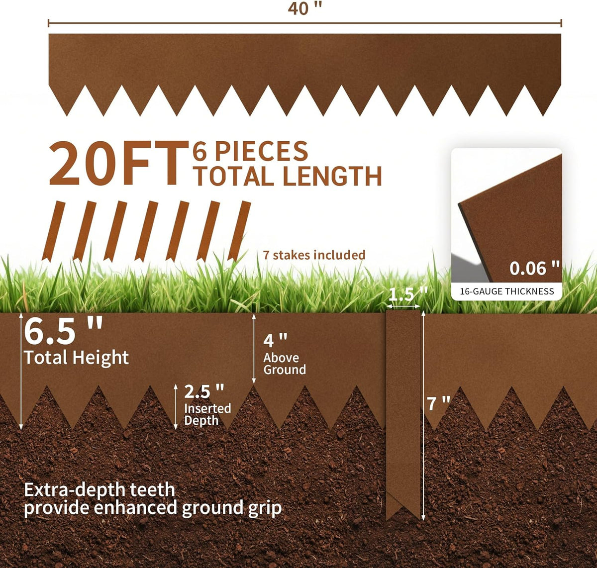 Worth Garden 20ft. Galvanized Steel Landscape Edging - 6-Pack 6.5" x 40" Metal Edging for