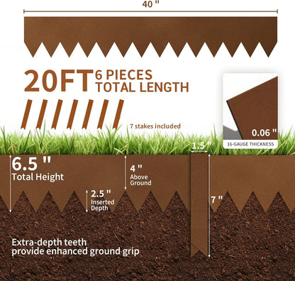 Worth Garden 20ft. Galvanized Steel Landscape Edging - 6-Pack 6.5" x 40" Metal Edging for