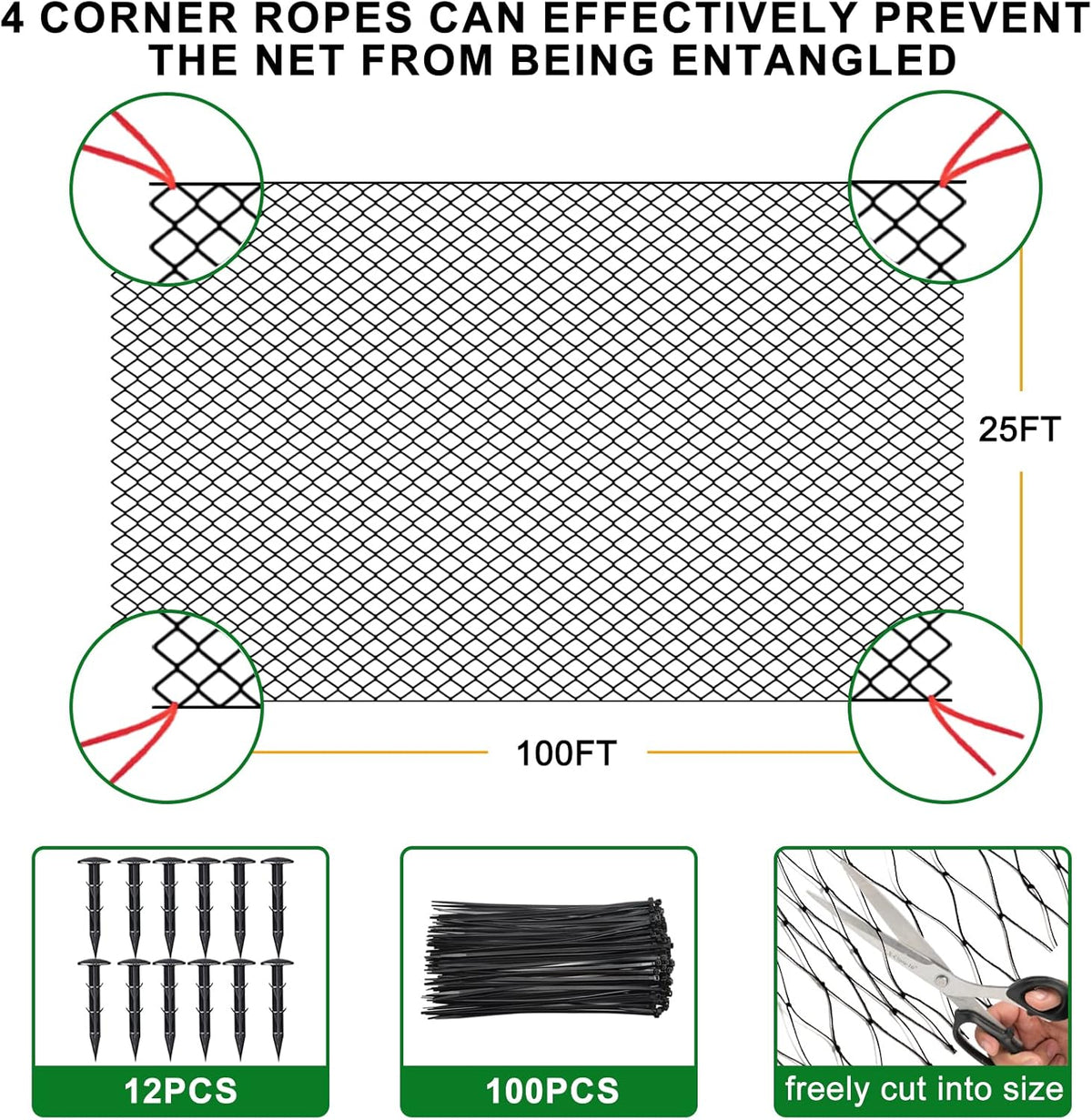 Bird Netting 25'x100' with 3/4" Mesh Nylon Chicken Net Roof Hawk,Poultry Netting for Chicken Run