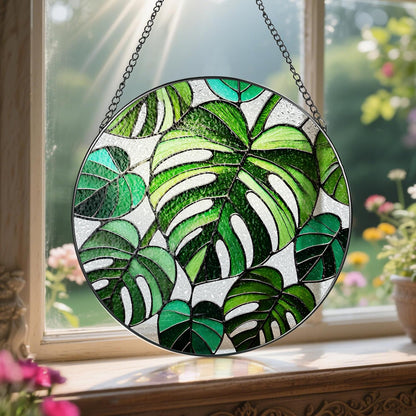 Stained Glass Window Hanging, 8 Inch Monstera Plant Stained Glass Suncatcher, Plant Sun Catcher