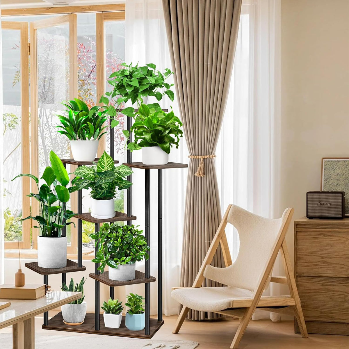 7 Tier Wood Tall Plant Stand Metal Rack Indoor, Multiple Flower Pot Holder Shelves Corner Rack