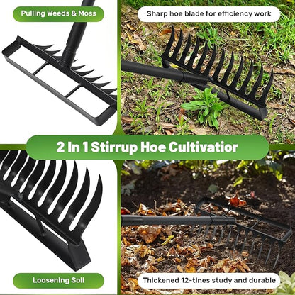 2 in 1 Stirrup Hula Hoe Garden Tool, 12 Tines Cultivators for Gardening, Weed Puller Tool with 76"