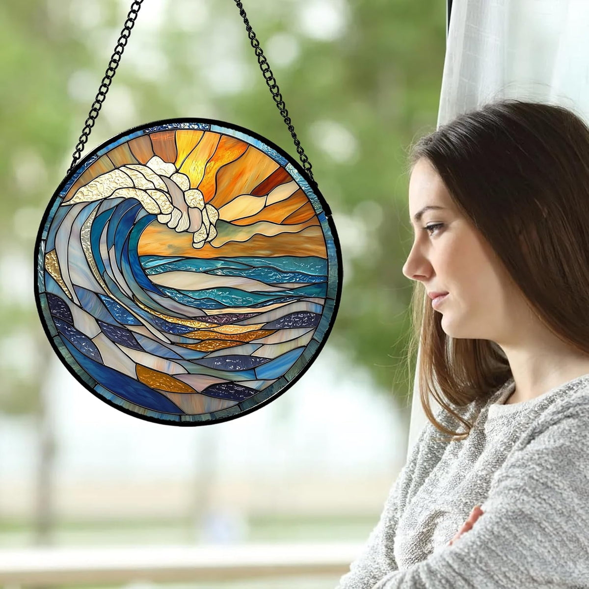 Stained Glass Window Hanging, Orange Clouds Blue White Sea Waves Landscape Suncatcher for Doors