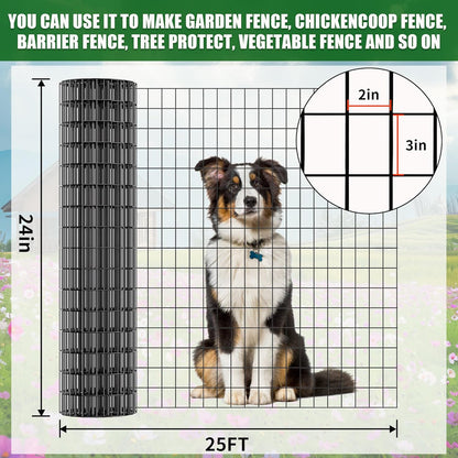 24 in x 25 ft Welded Wire Mesh Fence, 2 in × 3 in 15GA Black PVC Coated Garden Fencing Roll, Dog