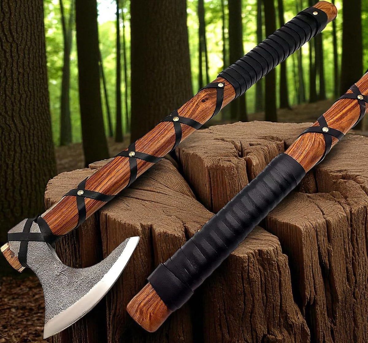 AX-7000 Custom Gift Forged Carbon Steel Viking Axe with Rose Wood Shaft, Viking Bearded Camping Axe