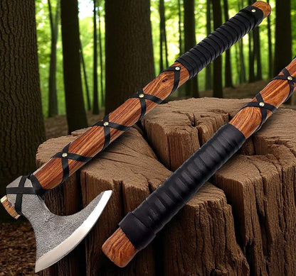 AX-7000 Custom Gift Forged Carbon Steel Viking Axe with Rose Wood Shaft, Viking Bearded Camping Axe