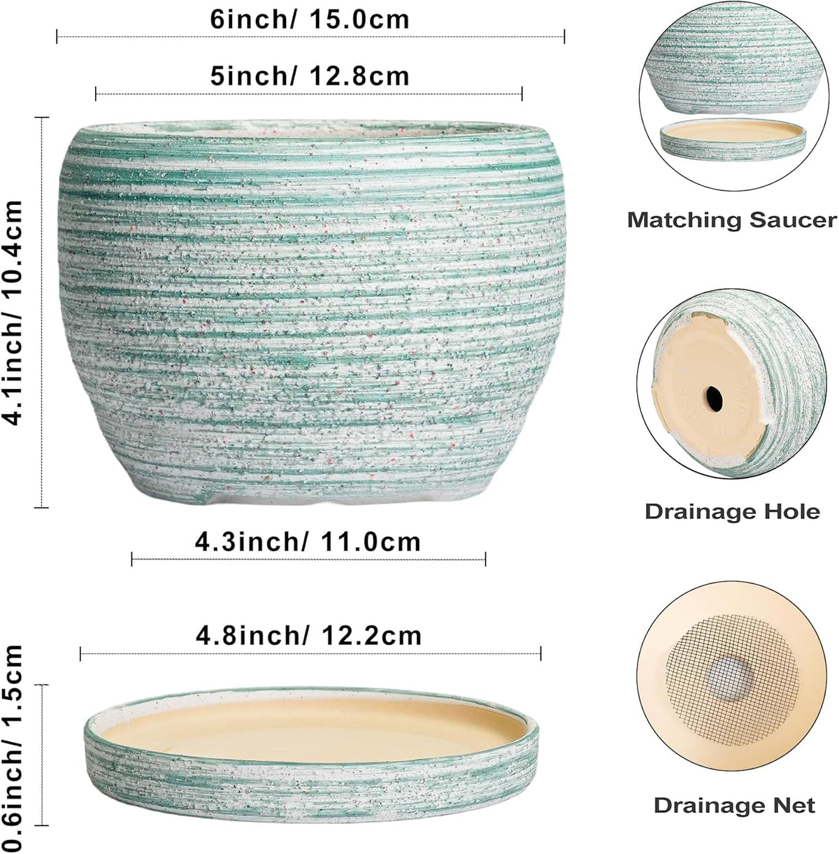 SQOWL Ceramic Plant Pots - 6 Inch Planter with Drainage Hole and Tray, Round Flower Pot for Indoor