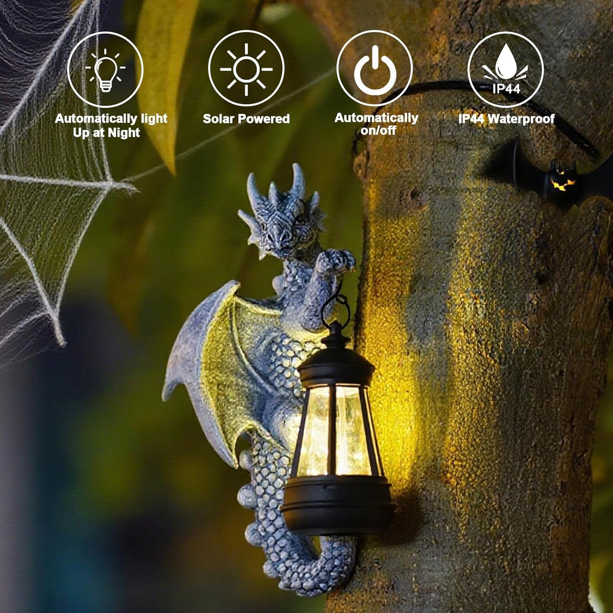 Goodeco Dragon Tree Hugger Solar Lantern Garden Statue - 9.3 Inch Resin Dragon Decor for Outdoor