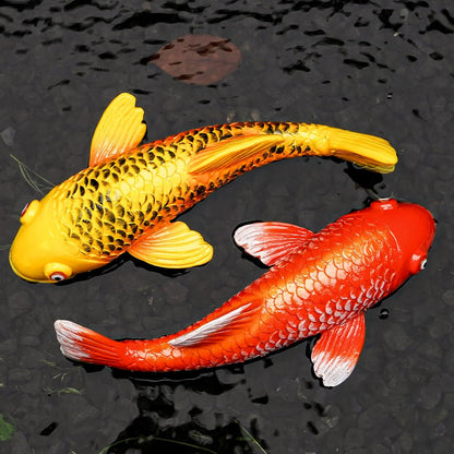 Set of 2 Koi Fish Garden Stakes, Red & Gold Resin Sculptures, Weatherproof Outdoor Patio Pond