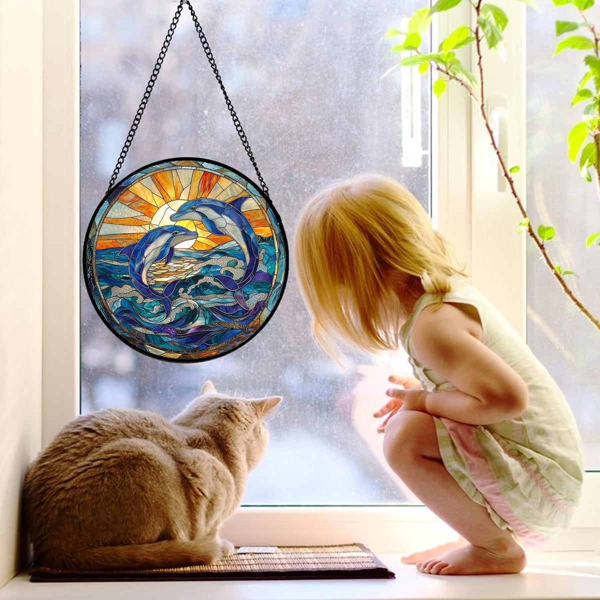 Stained Glass Window Hanging, Blue Dolphin Sun Catchers Colorful Glass Panel Sunrise Sea View