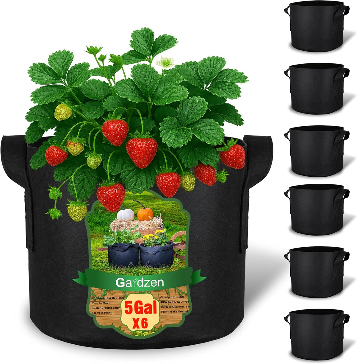 Gardzen 5 Gallon Grow Bags 6-Pack, 500G Thick Nonwoven Fabric Pots with Waterproof Liner &