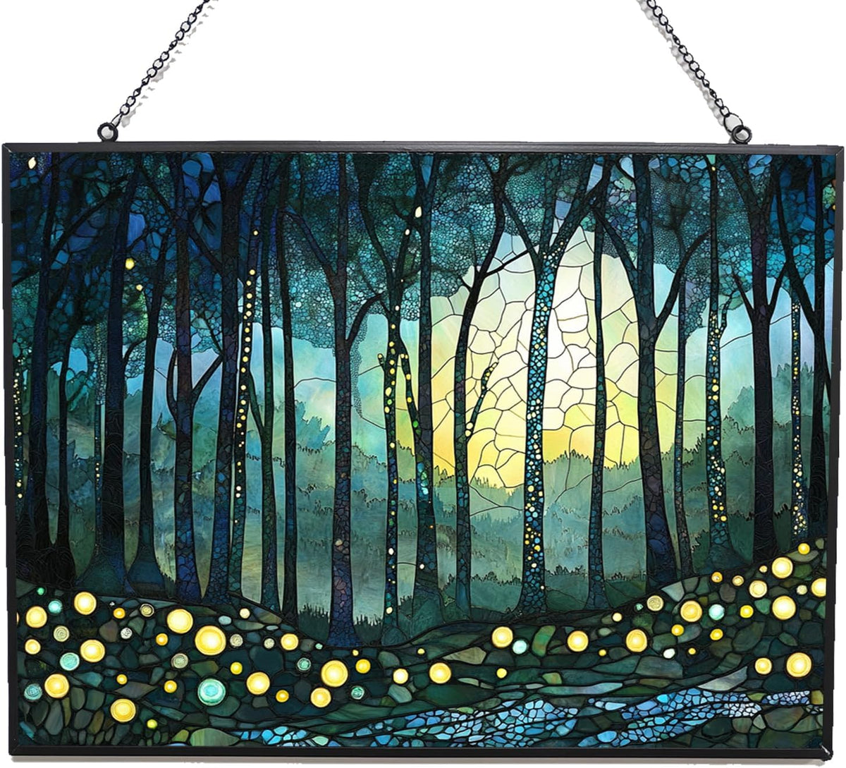 Personalized Rectangle Boho Firefly Forest Suncatcher Stained Glass Window Hangings Sun Catchers