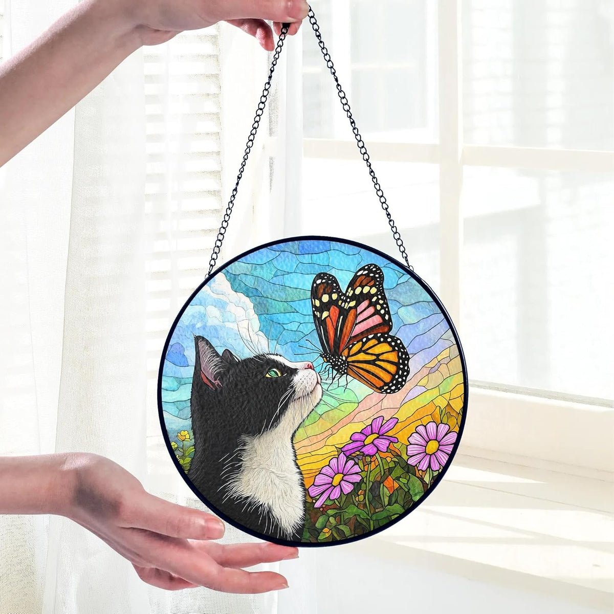 Tuxedo Cat Gifts, Black & White Cat Memorial Suncatcher Gift for Loss of Cats, Butterfly Stained