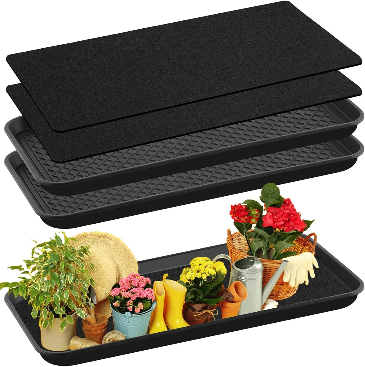Vesici 2 Set/4 Pcs Large Self-Watering Plant Trays (30"x15") and 3mm Capillary Mat-Automatic