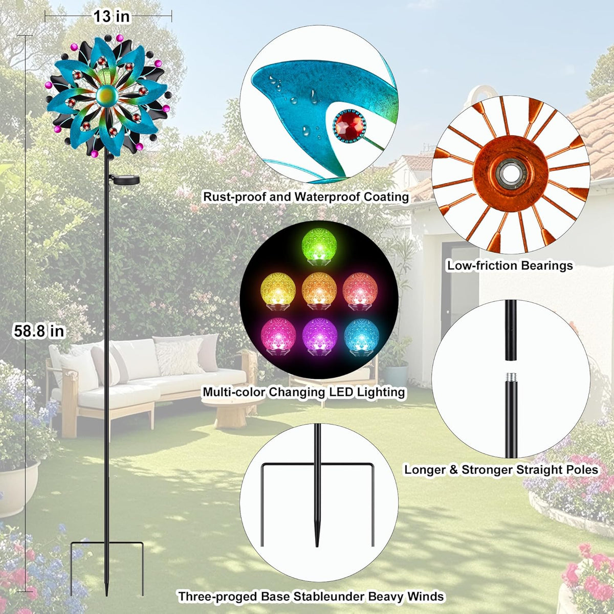 Solar Wind Spinners Outdoor - 58.8 inch Large Metal Kinetic Art Wind Sculptures Solar-Powered