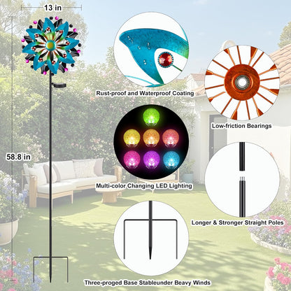 Solar Wind Spinners Outdoor - 58.8 inch Large Metal Kinetic Art Wind Sculptures Solar-Powered