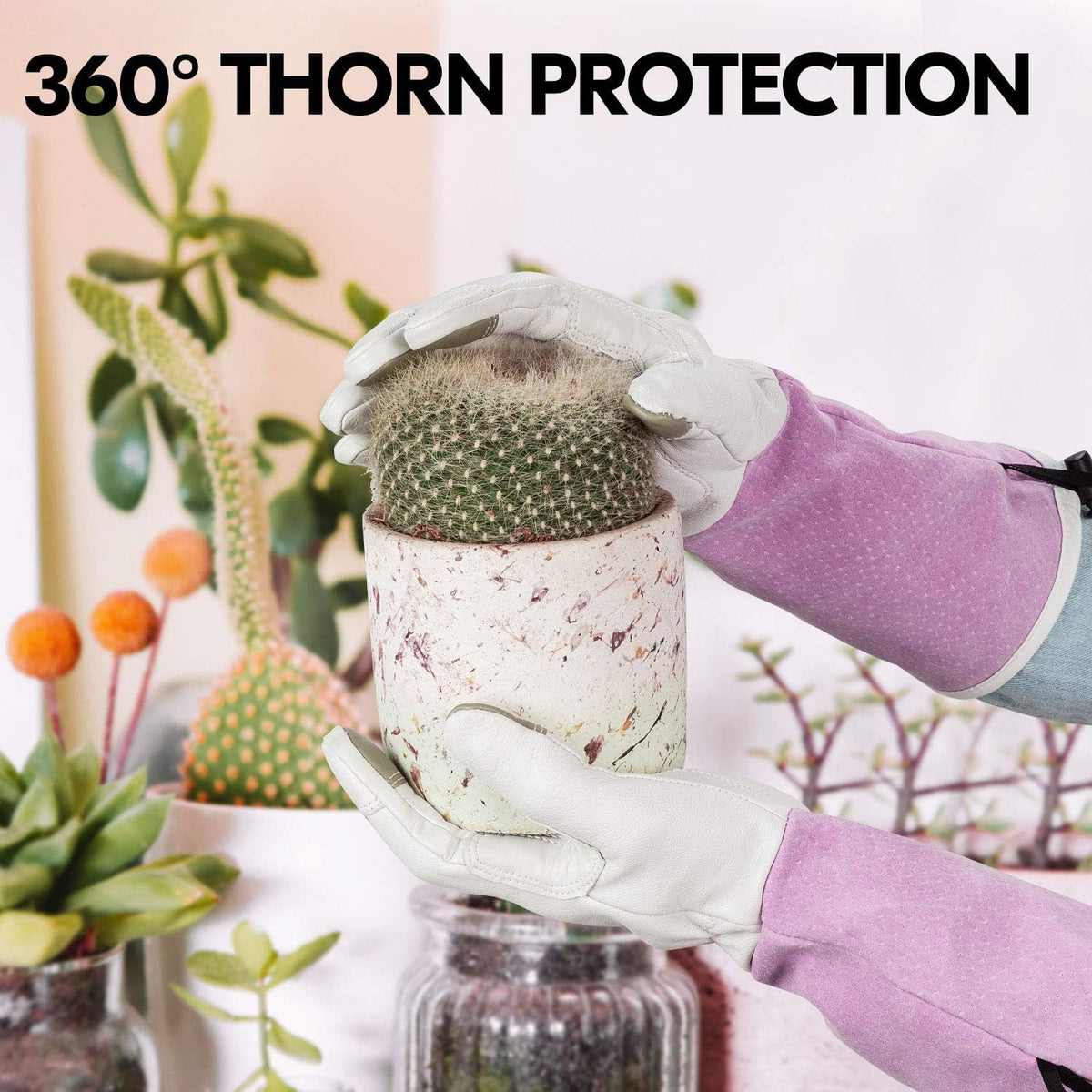 Vgo... 1-Pair Premium Genuine Goat Leather Extra-Long Cuff Thornproof Gardening Gloves (Size L
