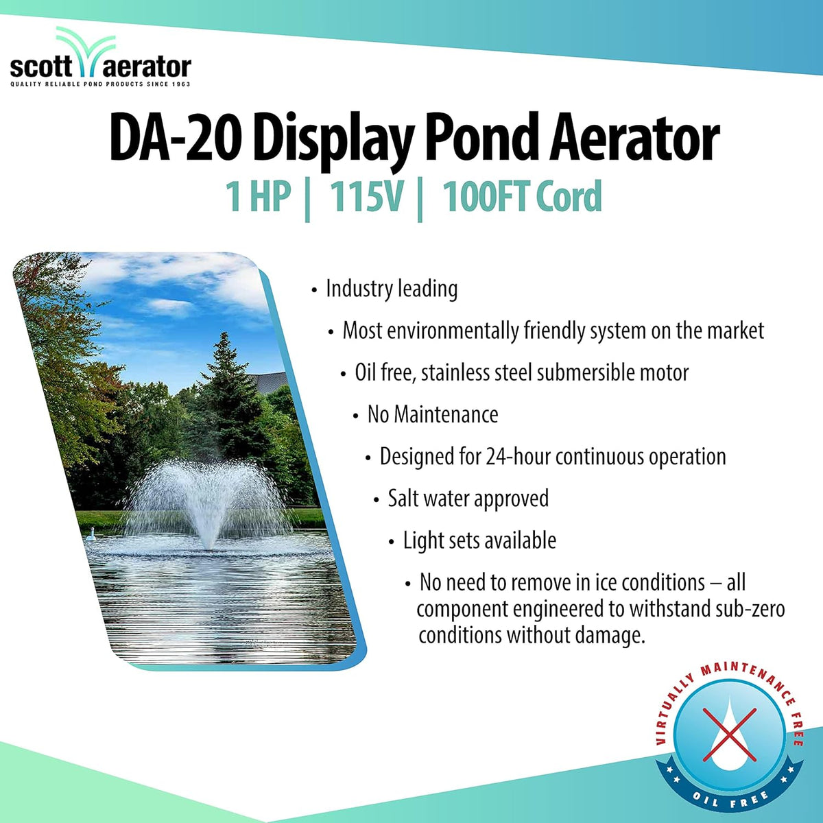 Scott Aerator DA-20 Display Pond Aerator - 1 Horse Power 115V 100ft Cord | Aerating Pond Fountain