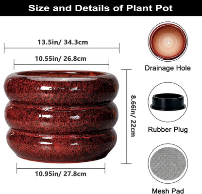 SQOWL Ceramic Planters for Indoor Plants - 13.5 Inch Plant Pot with Drainage Hole, Large Ceramic