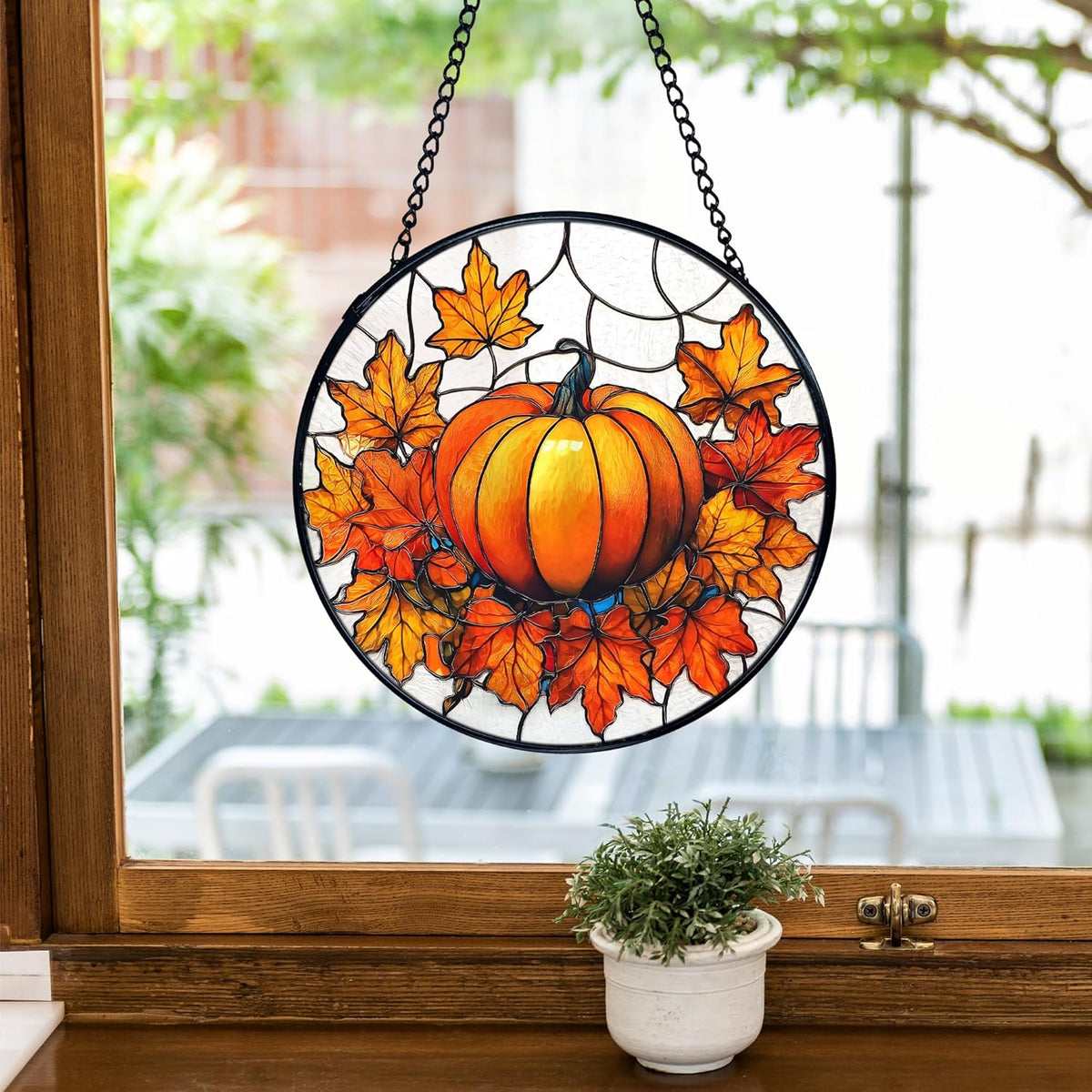TNUW Fall Pumpkin Stained Glass Window Hanging, Farmhouse Autumn Pumpkin Maple Leaf Sun Catchers