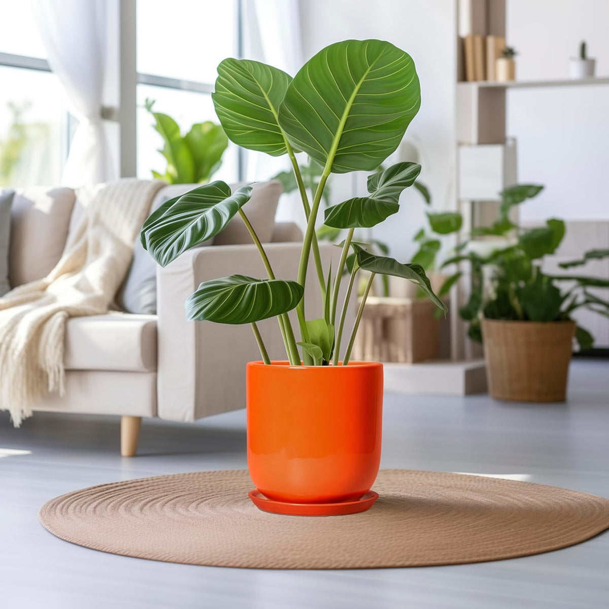 12 Inch Pots for Plants - Ceramic Planter with Drainage Hole and Saucer, Decorative Round Large