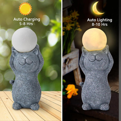 Solar Garden Decor Cat Moon Outdoor Statue and Figurine Lights, Outdoor Patio Sculpture Decor LED