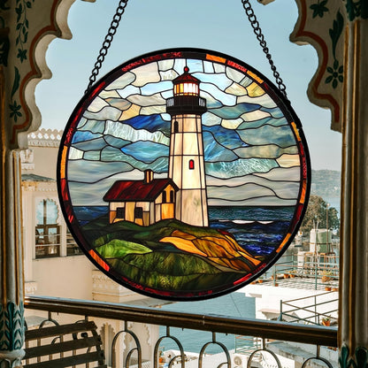 Stained Glass Window Hanging, Ocean Lighthouse Sun Catchers Glass Panel Blue Green Suncatcher Decor