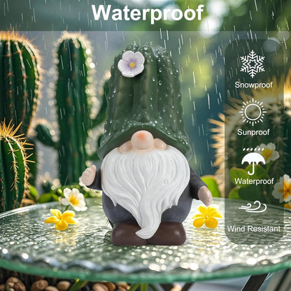 Solar Cactus Gnome Statue Garden Decor Light - Outdoor Decorative LED Flower, Suitable for Patio