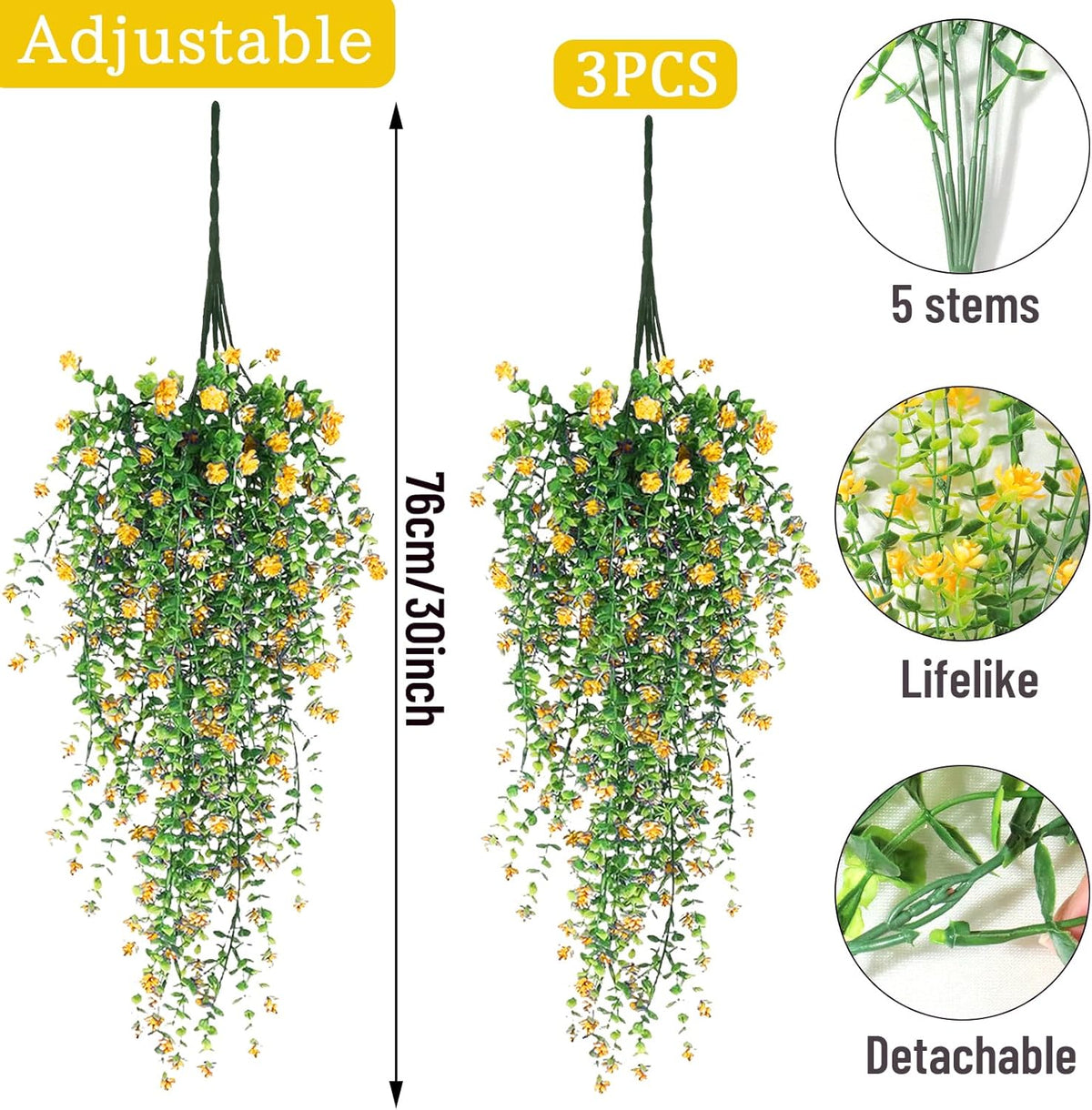 Artificial Hanging Flowers, 3 Pcs Fake Hanging Plants Artificial Vines for Outdoors, Fake Ivy Vine