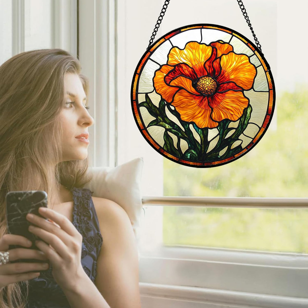 Stained Glass Window Hanging - Orange Poppy Birth Flower Suncatcher for Door Garden Yard Retro Sun