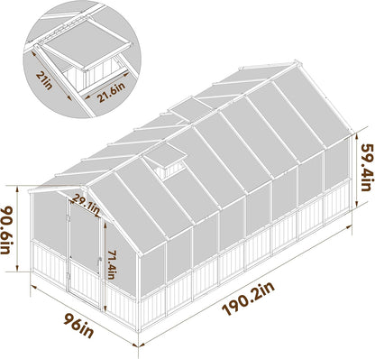 8x16 FT Greenhouse for Outdoor, 6MM Thick Polycarbonate Panel Wooden Walk-in Green House with