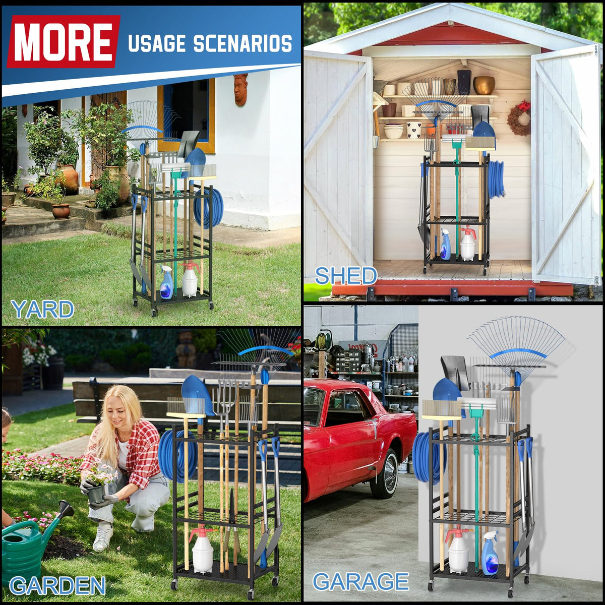 DAOUTIME Garden Organizer With Wheels, Yard Tower Rack for Garage Storage, Up to 35 Long-Handled