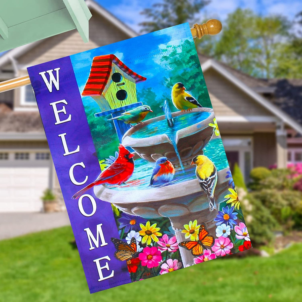 Welcome spring summer bird flags for outside 28x40 double sided, summer house flags, Large Flags