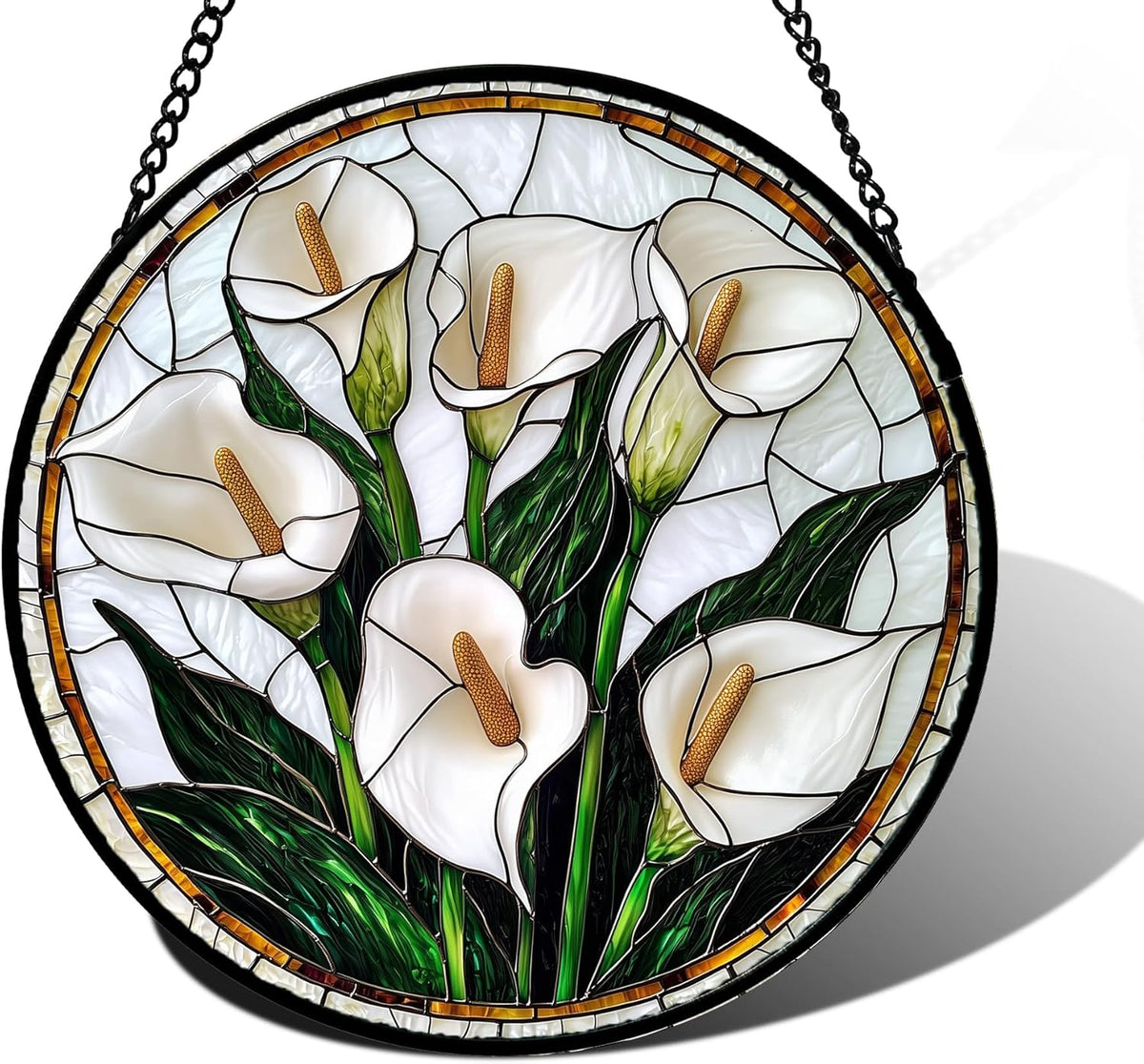 Stained Glass Window Hanging, White Calla Lily Flowers Sun Catchers Glass Panel Plant Suncatcher
