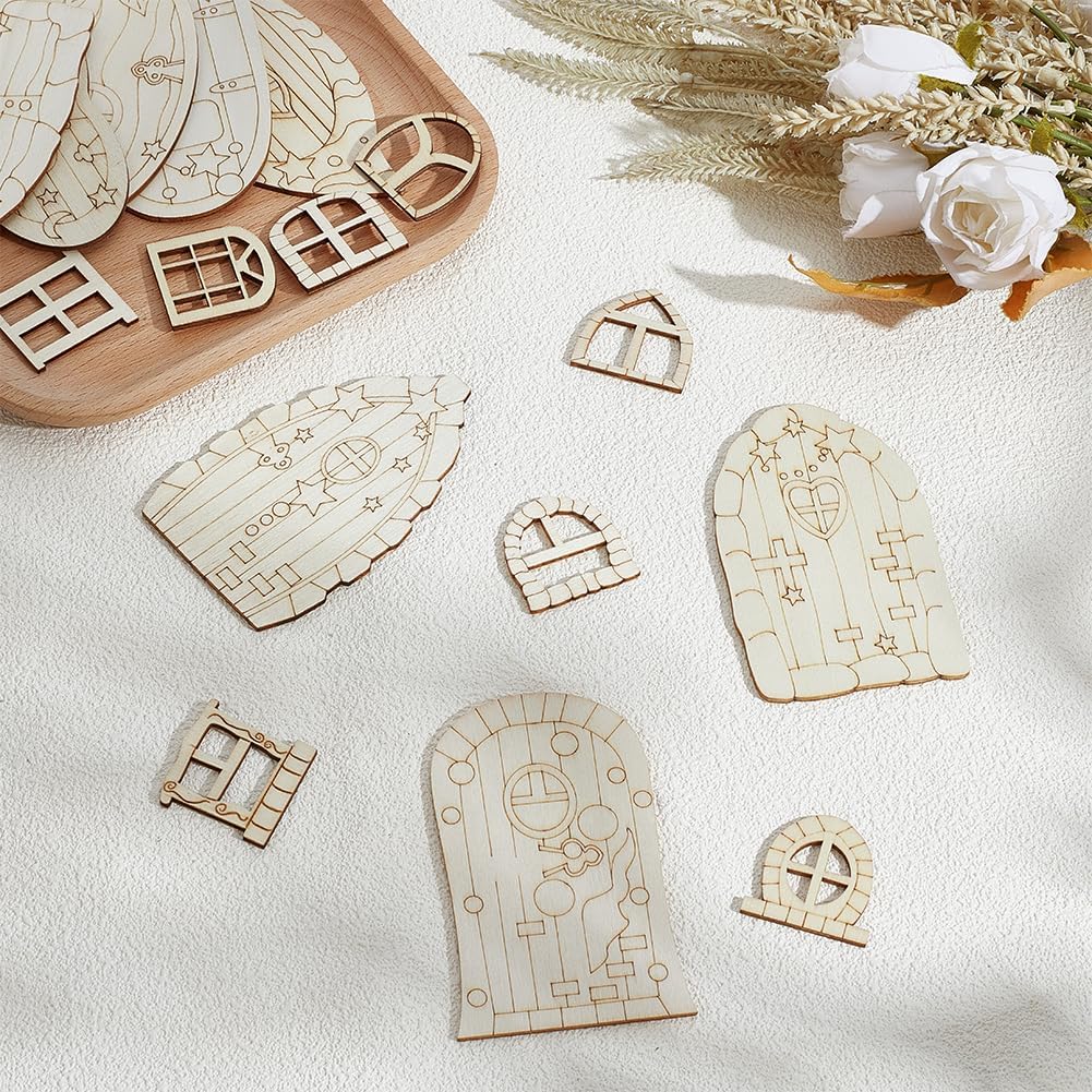 128 Pcs Fairy Doors, 16 Styles Wooden Miniature Garden Door Unfinished DIY Blank Windows for