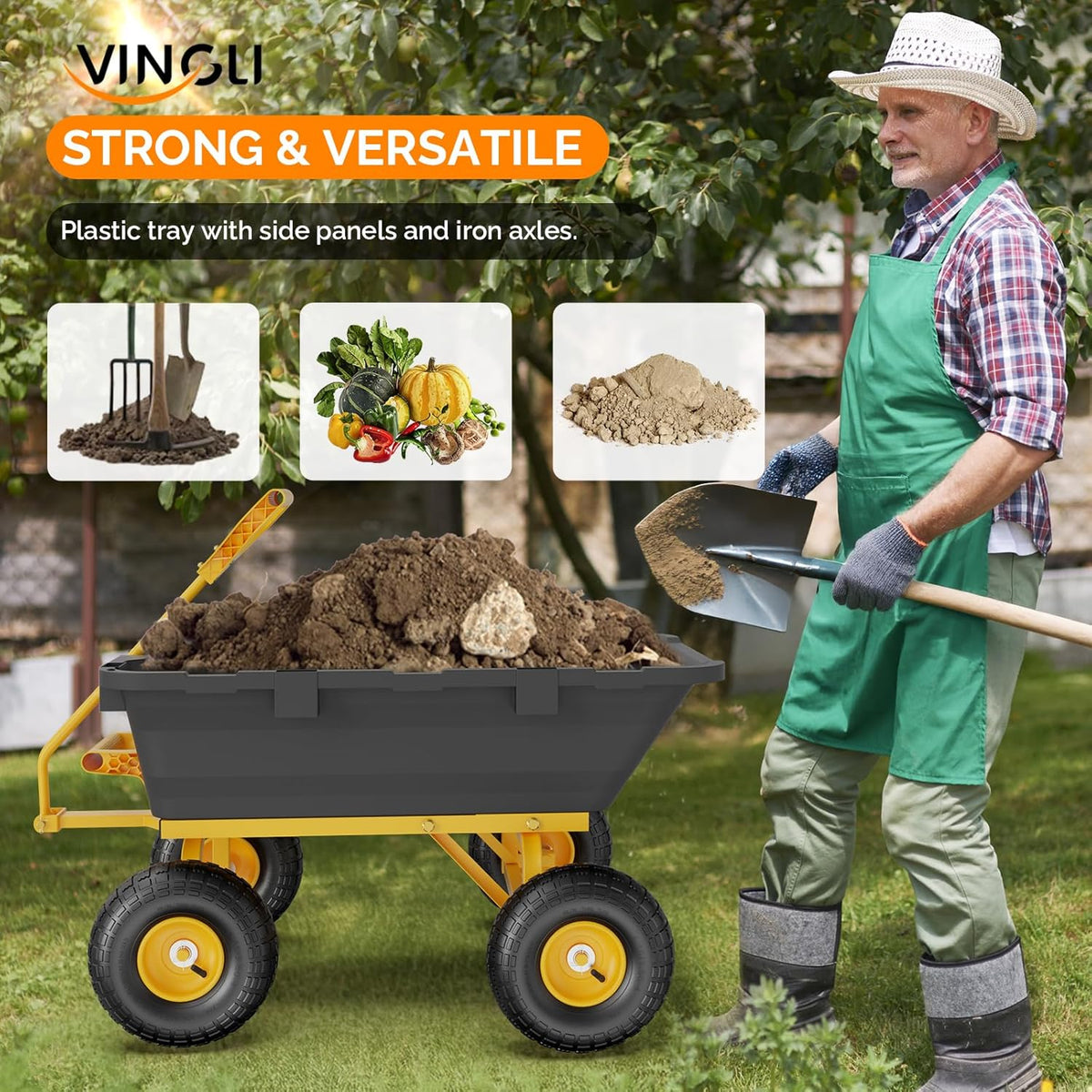 VINGLI Heavy Duty Dump Cart Wagon, 770LBS Quick-Release Dump Poly Wheelbarrow, 10in All-Terrain