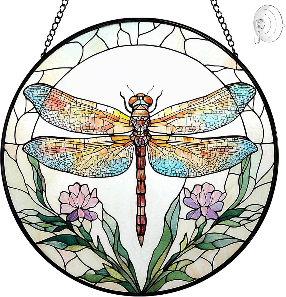 Dragonfly with Flower Suncatcher Stained Glass Window Hanging - 8” Stained Glass Suncatchers for