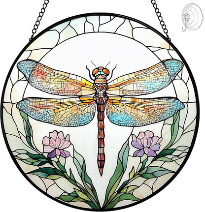 Dragonfly with Flower Suncatcher Stained Glass Window Hanging - 8” Stained Glass Suncatchers for
