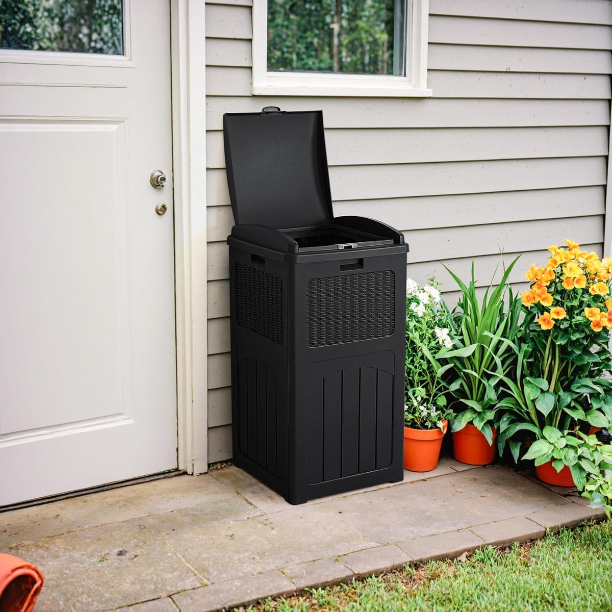 Devoko 33 Gallon Outdoor Trash Can with Dual Lid, Heavy Duty Waterproof Resin Garbage Bins Outside