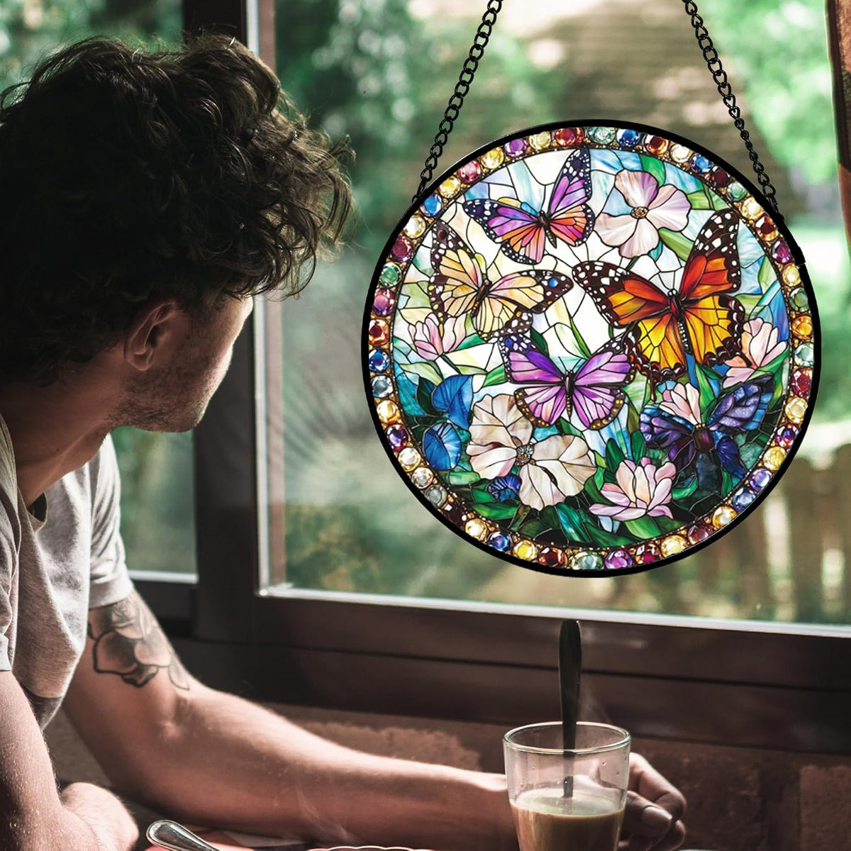 Stained Glass Window Hanging, Colorful Butterfly Suncatcher for Doors Home Sun Catchers Decoration