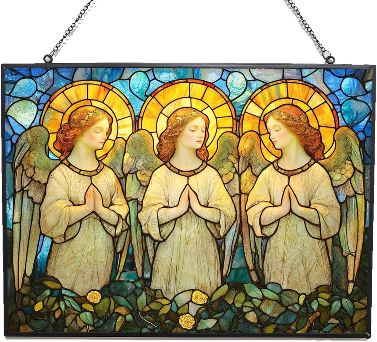 Rectangle Art Nouveau Angel Choir Suncatcher Stained Glass Window Hanging Handmade Stained Glass