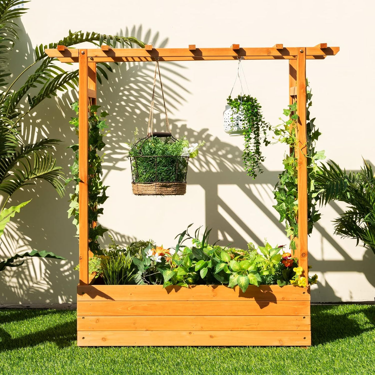 S AFSTAR Raised Garden Bed with Arch Trellis, Wood Planter Box with Hanging Roof, Side Trellis, 4