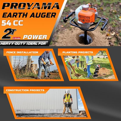 PROYAMA 54cc Post Hole Digger Gas Powered 2 Cycle Earth Auger, 5-Year Warranty Gear Box, 4 Drill