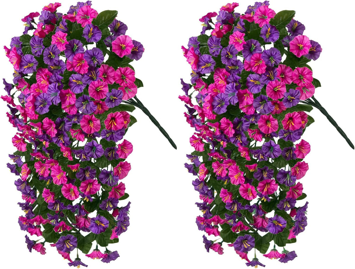 HyeFlora Artificial Fake Hanging Flowers Plants for Outdoor Outside, 2PCS Faux Silk Morning Glory