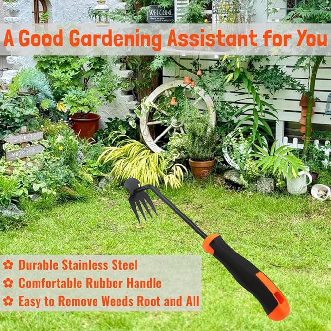 Hand Weeding Tool, Uprooting Weeder Tool Portable Garden Weed Remover with Handle, 4 Teeth