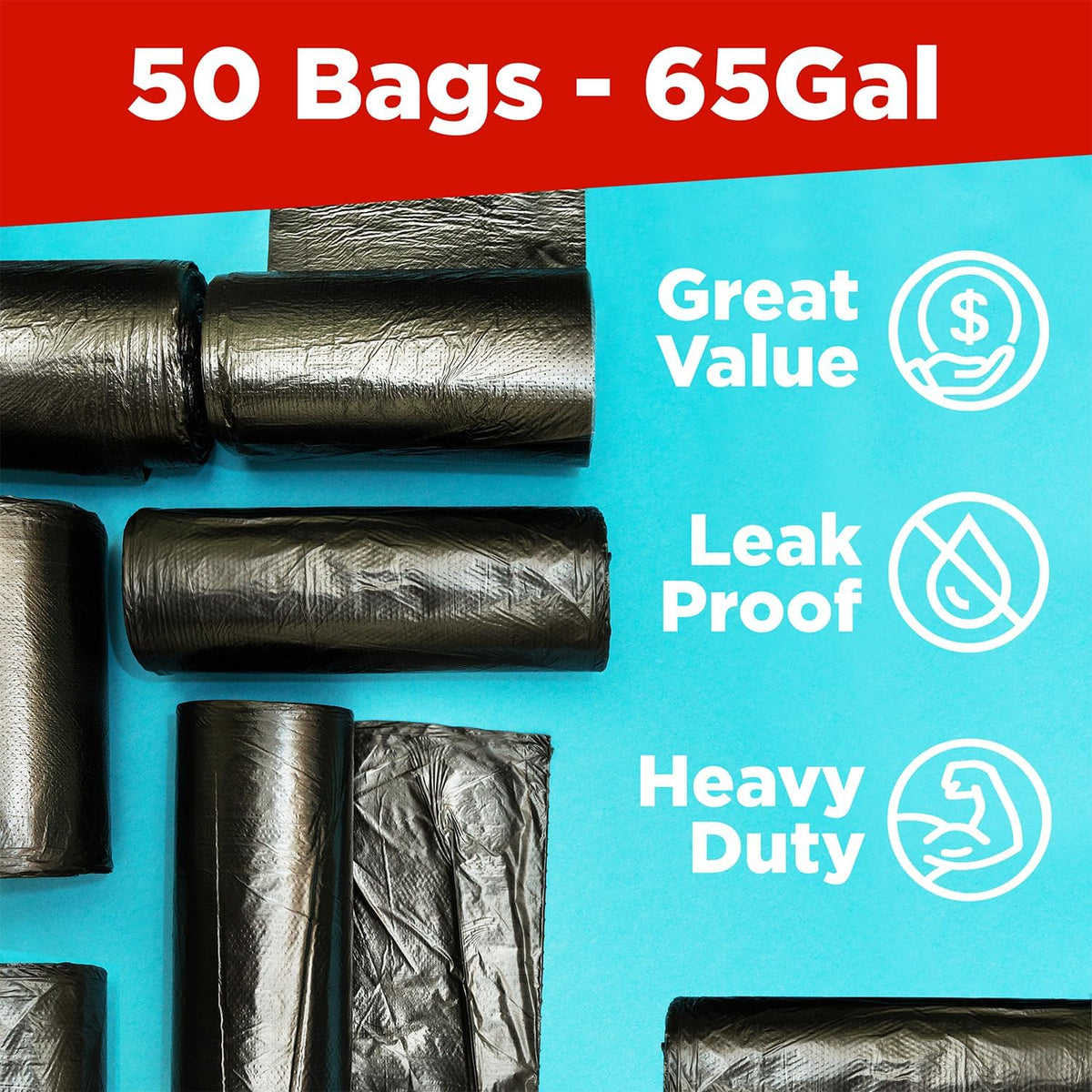 ToughBag 64-65 Gallon Trash Bags Heavy Duty, 50 x 48” Large Black Garbage Bags (50 Count) - Made In