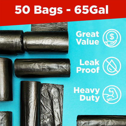 ToughBag 64-65 Gallon Trash Bags Heavy Duty, 50 x 48” Large Black Garbage Bags (50 Count) - Made In