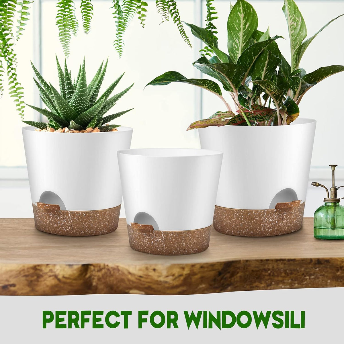 Indoor Outdoor Plant Pots- Self Watering Planters with Drainage Holes and Saucers, 9,8, 7.5 Inches